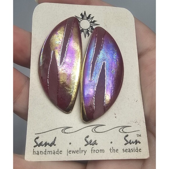 Hand Crafted Sand Etched Glass Fine Crystal Sterling Silver Iridescent Earrings - Picture 1 of 6